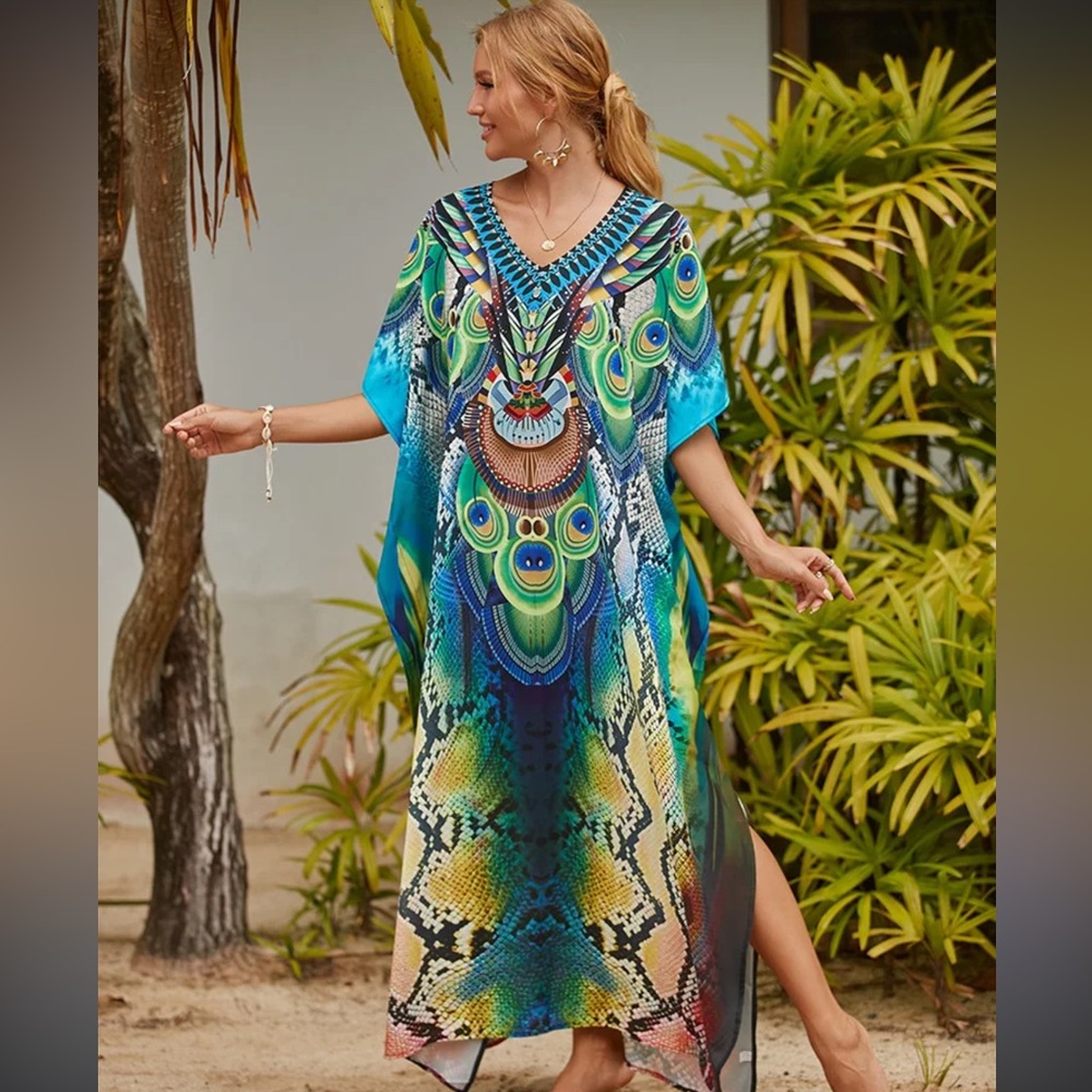 FREE SIZE Peacock Snakeskin Print Kaftan Maxi Dress or Swim Cover-Up